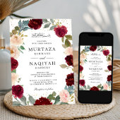 Bourgogne Perzik Bloemen QR Code Moslim Bruiloft Kaart