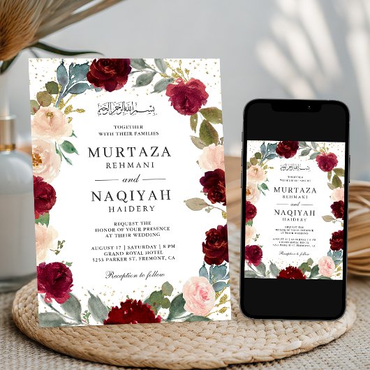 Bourgogne Perzik Bloemen QR Code Moslim Bruiloft Kaart