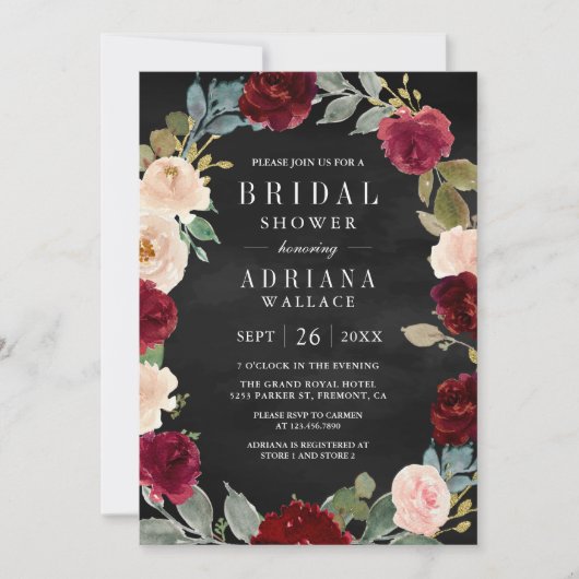 Bourgogne Perzik Bloemen QR Code Zwart Vrijgezelle Kaart (Voorkant)