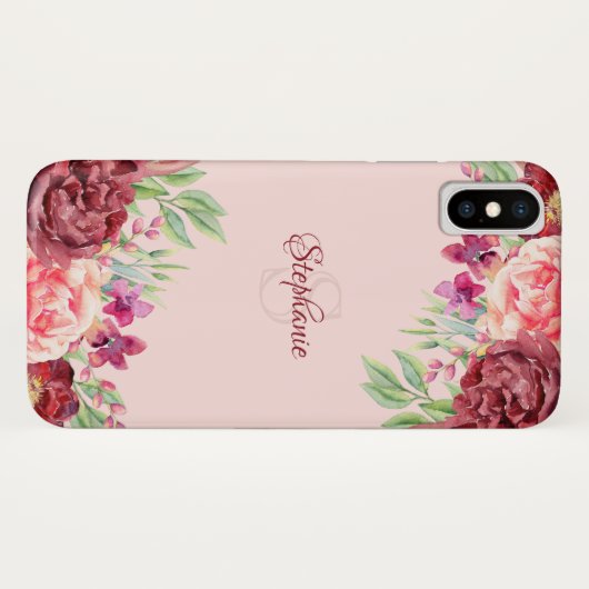 Bourgogne Perzik Blush Bloemen Roos Monogram Case-Mate iPhone Case (Achterkant (horizontaal))