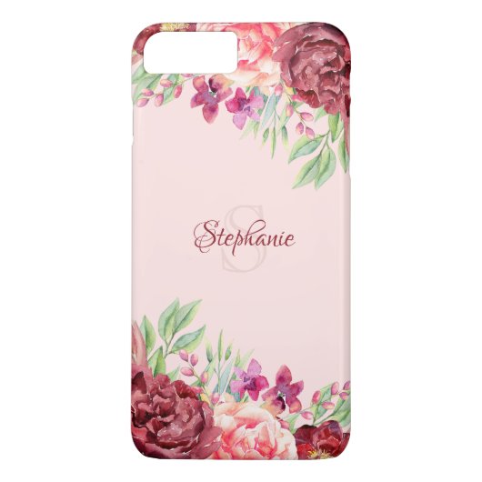 Bourgogne Perzik Blush Bloemen Roos Monogram Case-Mate iPhone Case (Achterkant)