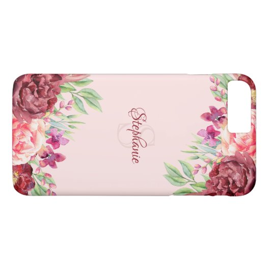 Bourgogne Perzik Blush Bloemen Roos Monogram Case-Mate iPhone Case (Achterkant (Horizontaal))