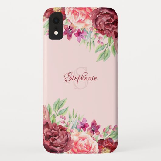 Bourgogne Perzik Blush Bloemen Roos Monogram Case-Mate iPhone Case (Achterkant)