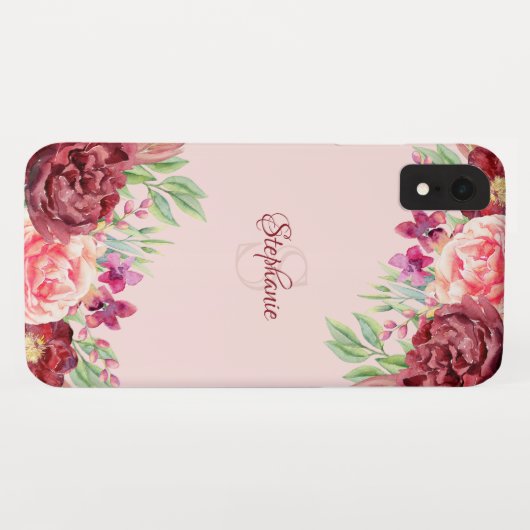Bourgogne Perzik Blush Bloemen Roos Monogram Case-Mate iPhone Case (Achterkant (horizontaal))