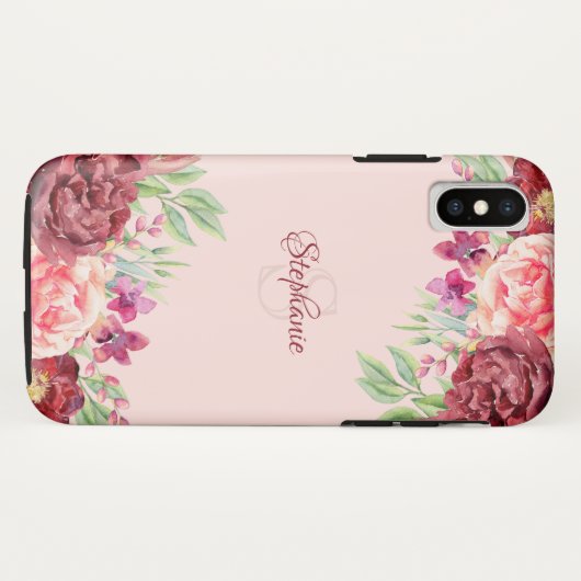 Bourgogne Perzik Blush Bloemen Roos Monogram Case-Mate iPhone Case (Achterkant (horizontaal))