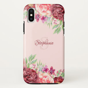 Bourgogne Perzik Blush Bloemen Roos Monogram Case-Mate iPhone Case