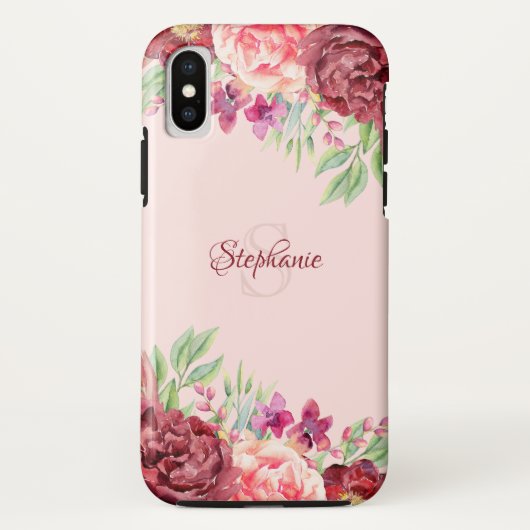 Bourgogne Perzik Blush Bloemen Roos Monogram Case-Mate iPhone Case (Achterkant)
