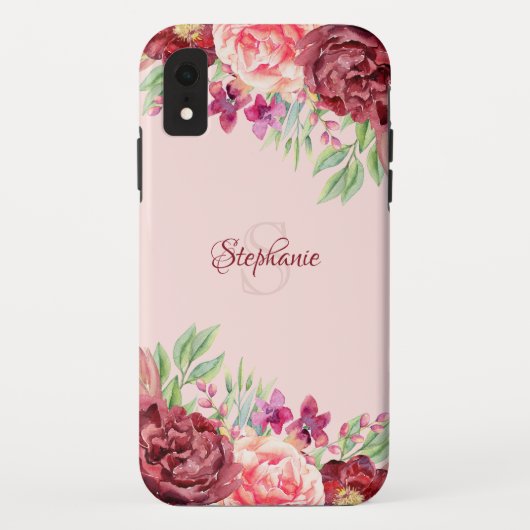 Bourgogne Perzik Blush Bloemen Roos Monogram Case-Mate iPhone Case (Achterkant)
