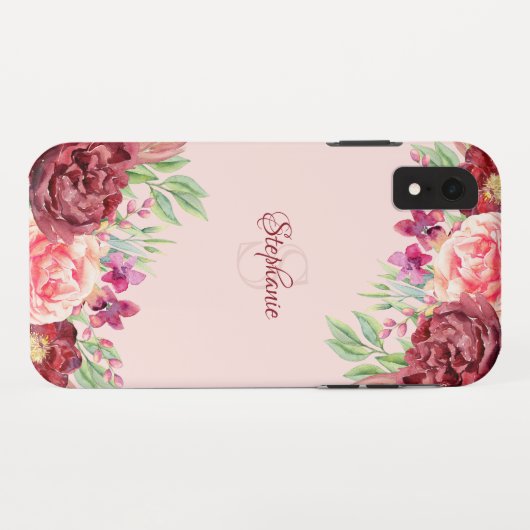 Bourgogne Perzik Blush Bloemen Roos Monogram Case-Mate iPhone Case (Achterkant (horizontaal))