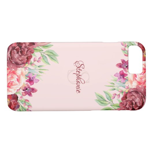 Bourgogne Perzik Blush Bloemen Roos Monogram Case-Mate iPhone Case (Achterkant (Horizontaal))