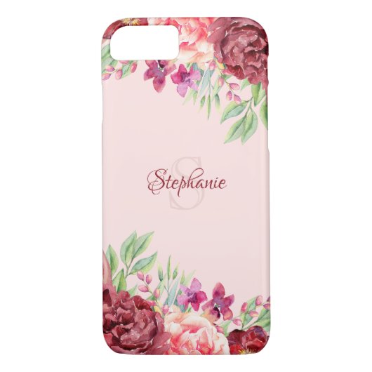 Bourgogne Perzik Blush Bloemen Roos Monogram Case-Mate iPhone Case (Achterkant)