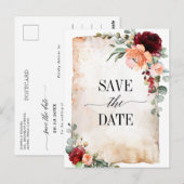 Bourgogne Perzik Koraal Roze Rozen Save the Date Briefkaart (Voorkant / Achterkant)