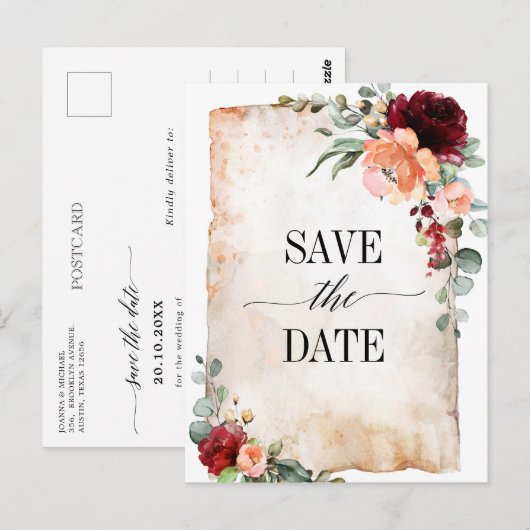 Bourgogne Perzik Koraal Roze Rozen Save the Date Briefkaart (Voorkant / Achterkant)