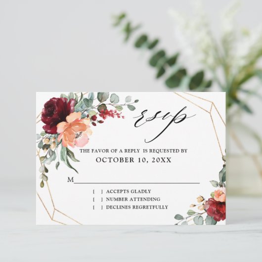 Bourgogne Perzik Koraal Sinaasappel Eucalyptus Bru RSVP Kaartje (Staand voorkant)