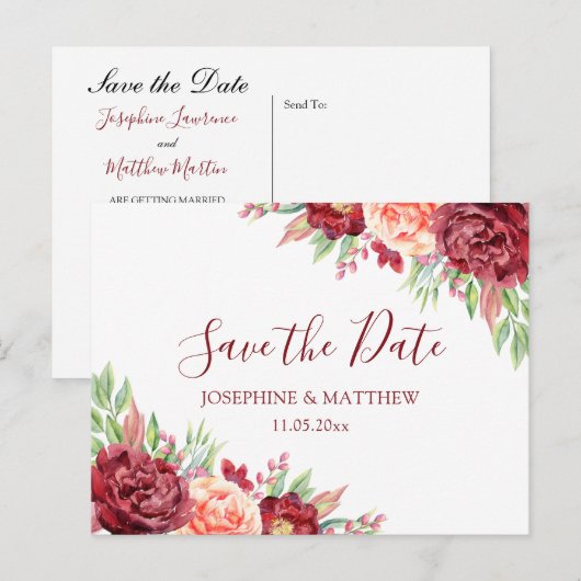 Bourgogne Perzik Roos Bloemen Bruiloft Save The Da Aankondigingskaart (Voorkant / Achterkant)