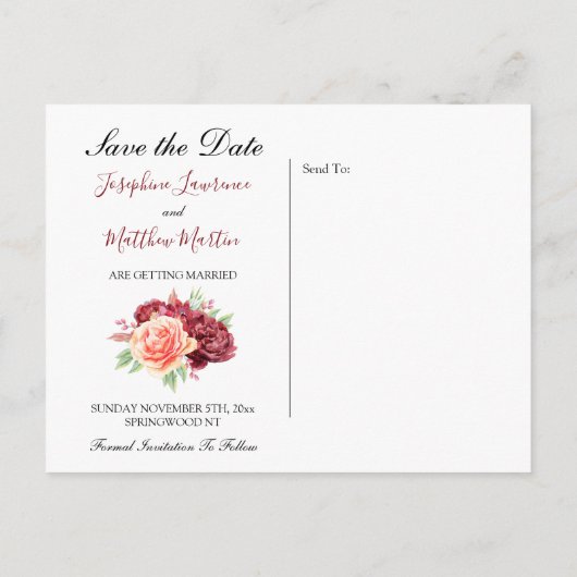 Bourgogne Perzik Roos Bloemen Bruiloft Save The Da Aankondigingskaart (Achterkant)