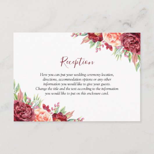 Bourgogne Perzik Roos Waterverf Bloemenbruiloft Informatiekaartje (Voorkant)