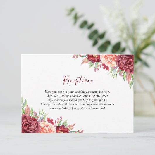 Bourgogne Perzik Roos Waterverf Bloemenbruiloft Informatiekaartje (Staand voorkant)