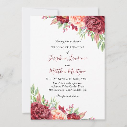 Bourgogne Perzik Roos Waterverf Bloemenbruiloft Kaart (Voorkant)