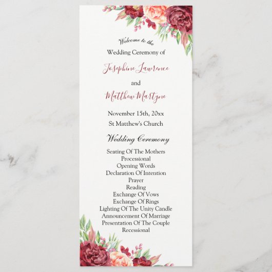 Bourgogne Perzik Roos Waterverf Bloemenbruiloft Programmakaart (Voorkant)