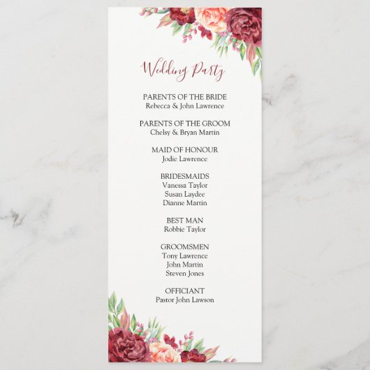 Bourgogne Perzik Roos Waterverf Bloemenbruiloft Programmakaart (Achterkant)