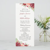 Bourgogne Perzik Roos Waterverf Bloemenbruiloft Programmakaart (Staand voorkant)