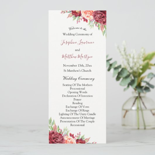 Bourgogne Perzik Roos Waterverf Bloemenbruiloft Programmakaart (Staand voorkant)