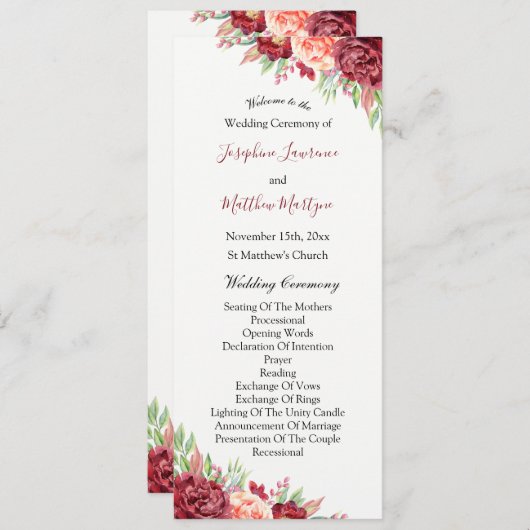 Bourgogne Perzik Roos Waterverf Bloemenbruiloft Programmakaart (Voorkant / Achterkant)