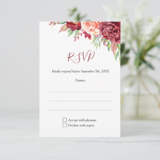 Bourgogne Perzik Roos Waterverf Bloemenbruiloft RSVP Kaartje (Staand voorkant)