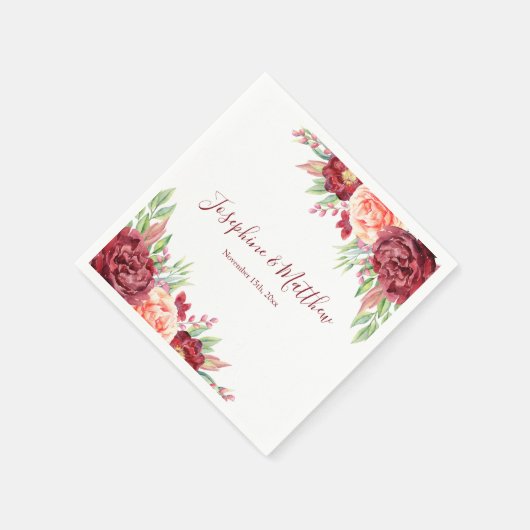 Bourgogne Perzik Roos Waterverf Bloemenbruiloft Servet (Hoek)