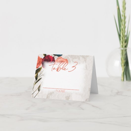 Bourgogne, perzik Rozen gevouwen bruiloft tafel na Notitiekaartje (Voorkant)