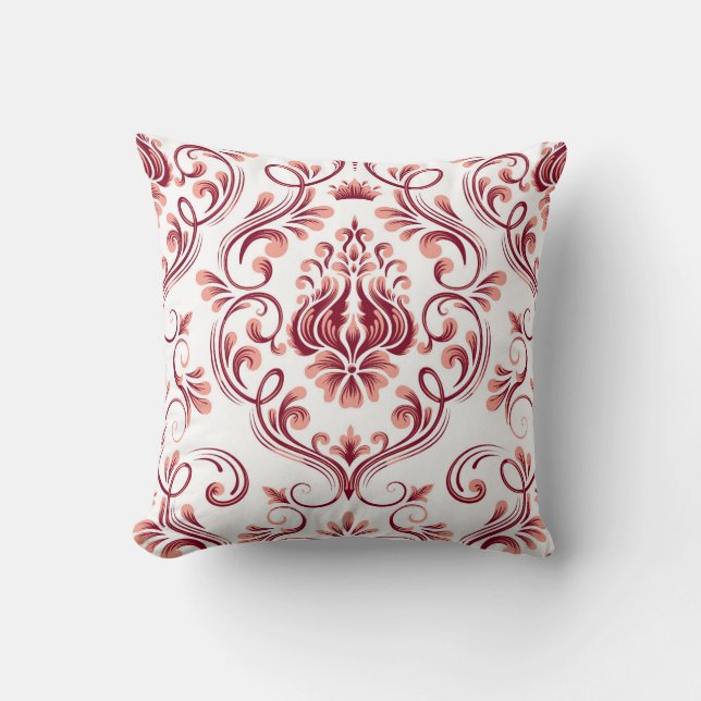 Bourgogne Perzik Wit Damask Bloemenpatroon Elegant Kussen (Voorkant)