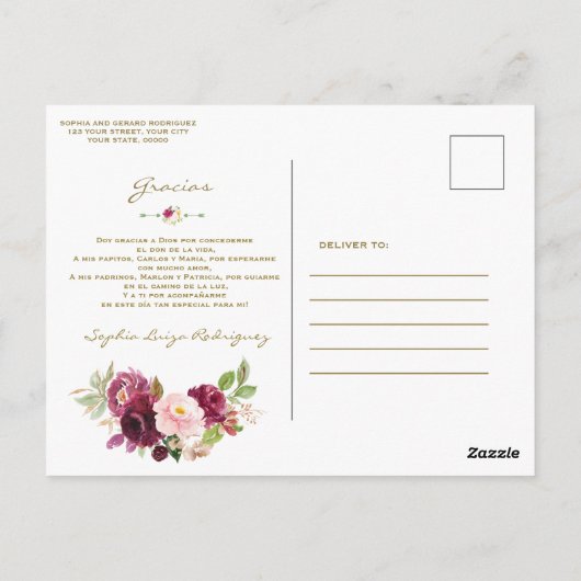 Bourgogne Pink Floral Spanish Baptism Gracias Briefkaart (Achterkant)