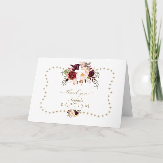 Bourgogne Pink Flowers Gold Glitter Sparkle Baptis Bedankkaart (Voorkant)