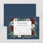 Bourgogne Pioen Stoffig Blauw Anemoon Bloemen Brui RSVP Kaartje (Voorkant / Achterkant)