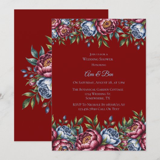 Bourgogne pioenroos en blauw Roos huwelijksdouche Kaart (Voorkant / Achterkant)