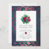 Bourgogne Plum en Blauwgroen Floral Wedding Kaart (Voorkant)