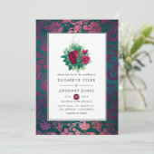 Bourgogne Plum en Blauwgroen Floral Wedding Kaart (Staand voorkant)