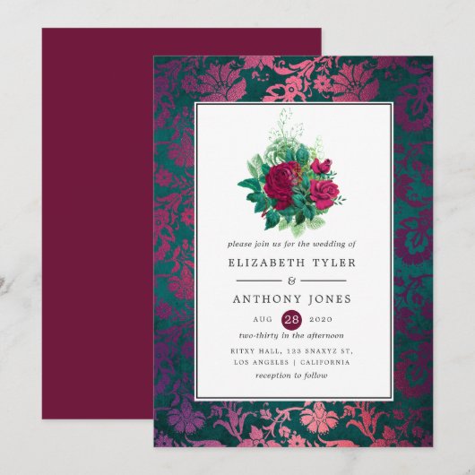 Bourgogne Plum en Blauwgroen Floral Wedding Kaart (Voorkant / Achterkant)