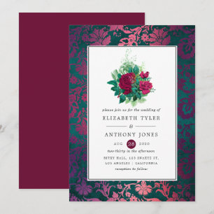 Bourgogne Plum en Blauwgroen Floral Wedding Kaart