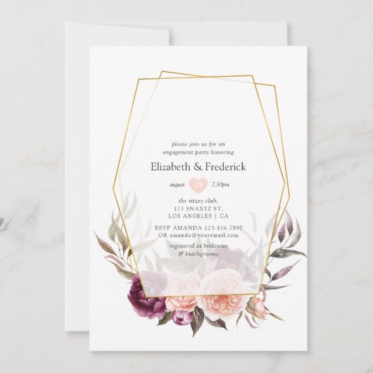 Bourgogne Plum en Blush Geometric Engagement Party Kaart (Voorkant)