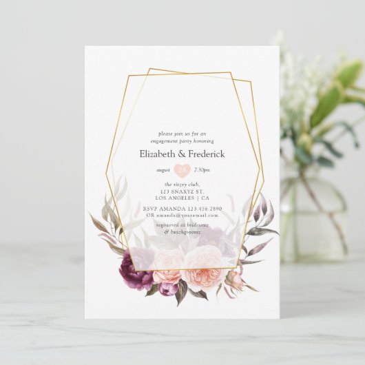 Bourgogne Plum en Blush Geometric Engagement Party Kaart (Staand voorkant)