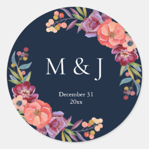 Bourgogne & Plum Marine Elegant Tropisch Monogram  Ronde Sticker
