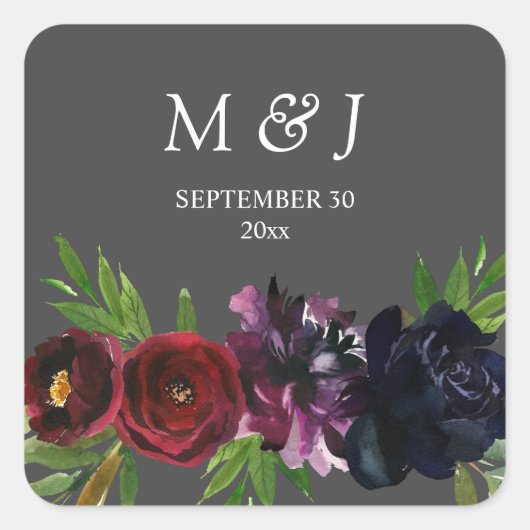 Bourgogne Plum Navy Floral Monogram Grijs Vierkante Sticker (Voorkant)