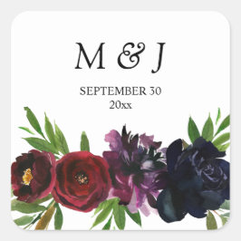 Bourgogne Plum Navy Floral Monogram Vierkante Sticker