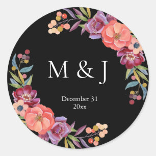 Bourgogne & Plum Zwart Elegant Tropisch Monogram V Ronde Sticker