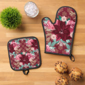 Bourgogne Poinsettia Roze Rozen Ovenwant & Pannenlap Set (Top down)