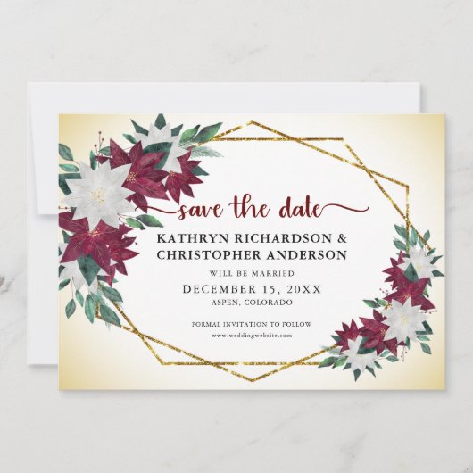 Bourgogne Poinsettias Goud Glitter Kerstmis Save The Date (Voorkant)