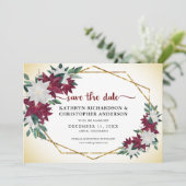 Bourgogne Poinsettias Goud Glitter Kerstmis Save The Date (Staand voorkant)