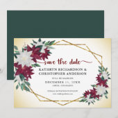 Bourgogne Poinsettias Goud Glitter Kerstmis Save The Date (Voorkant / Achterkant)